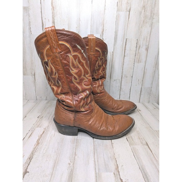 Tony Lama CT873 Ostrich Leather Boots Men's 9.5 D Western Cowboy Roper Heel